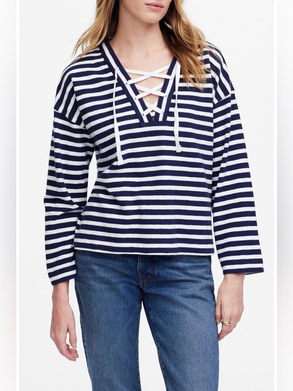 Madewell Stripe Lace-Up Long Sleeve Top Navy Blue White size XS